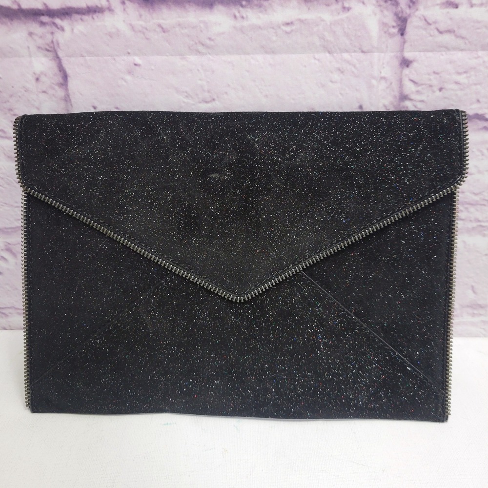 NEW Rebecca‎ Minkoff Leo Clutch Bag Black Glitter Embellished Envelope Leather